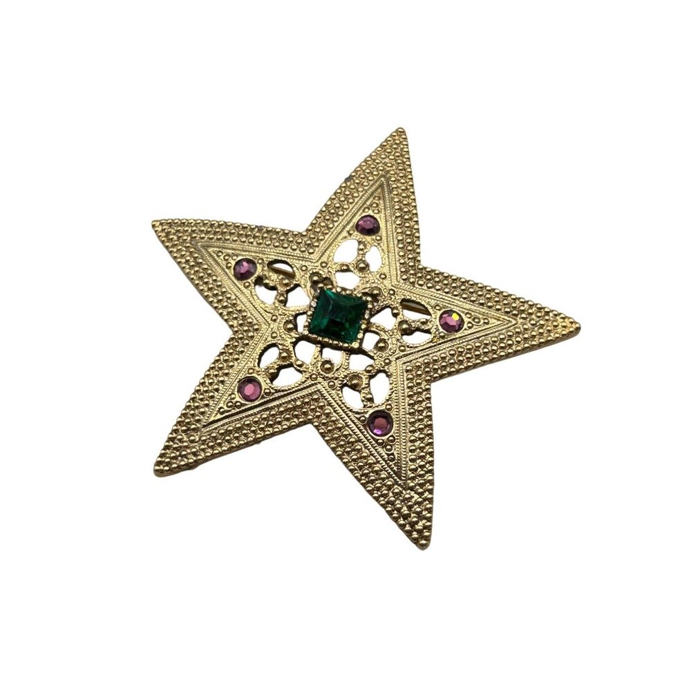 1928 Brand Star Pin Brooch Gold Tone and Jewel Tones Rhinestones Vintage Jewelry